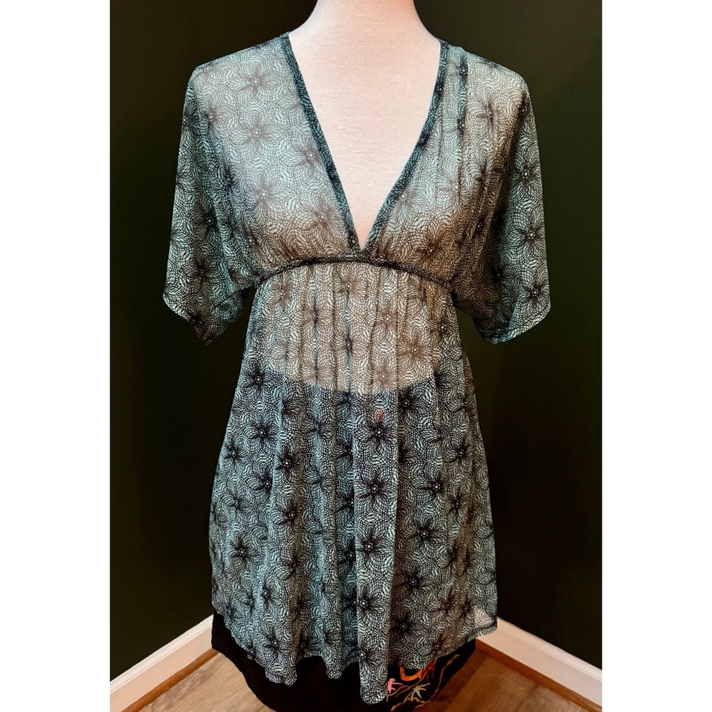 Jordan Taylor Green Sheer Floral Boho Tunic Women's L